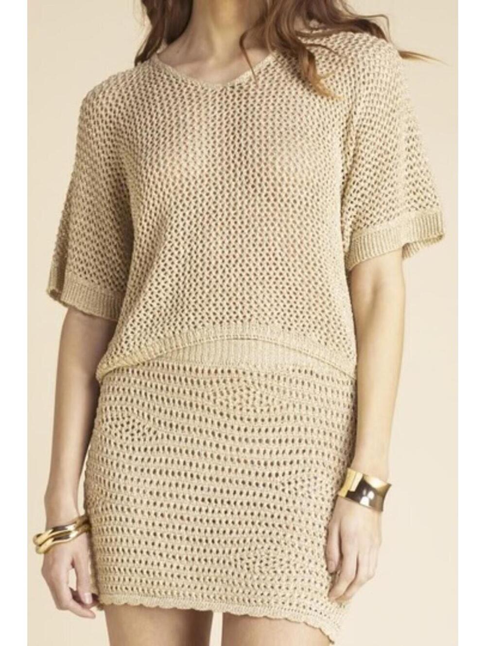 Sunday St Tropez Crochet Lurex Set Top and Mini‎ Skirt Gold Tan Metallic OS